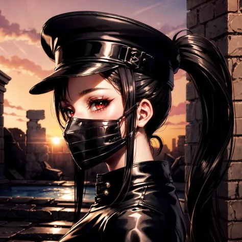 <lora:succubus002:0.6>,<lora:add_detail:1>,looking at viewer,
succubus,1girl,ponytail,black hair,
black headwear,
mouth mask,
leather shirts,
ancient ruins,sunset,