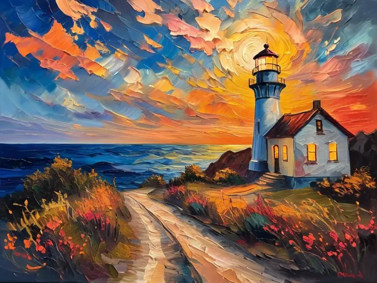 masterpiece,best quality,<lora:tbh123-sdxl:0.7>,Impressionism fine art impasto on canvas. Blissful sunset hues. Warm tones,Warm hues. A cabin by the ocean. A lighthouse on the bluff. Paths leading away. airbrush painting. Atmospheric,moody,rustic.,oil painting