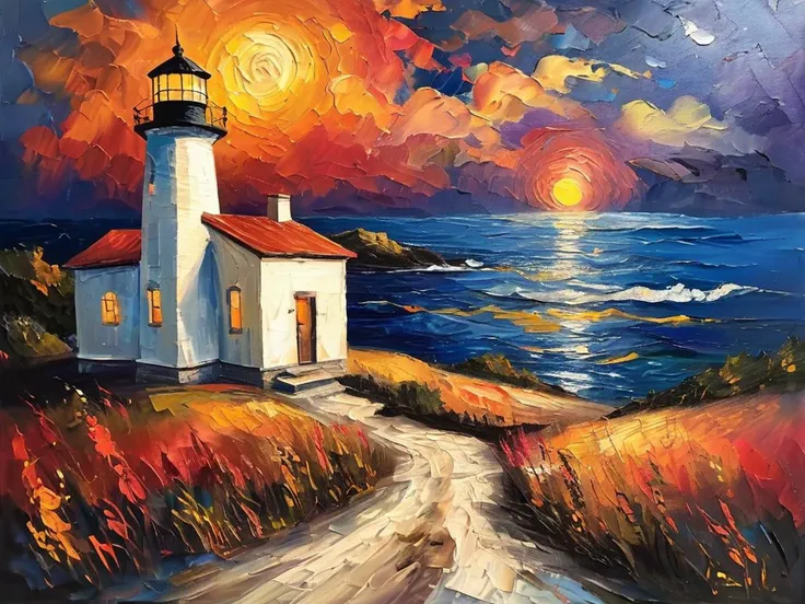 masterpiece,best quality,<lora:tbh123-sdxl:0.7>,Impressionism fine art impasto on canvas. Blissful sunset hues. (((Warm tones,Warm hues))). A cabin by the ocean. A lighthouse on the bluff. Paths leading away. airbrush painting. Atmospheric,moody,rustic.,oil painting,