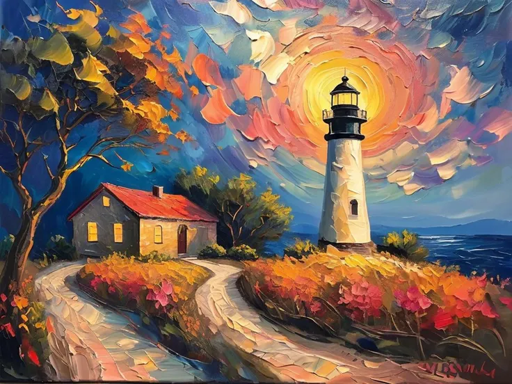 masterpiece,best quality,<lora:tbh123-sdxl:0.7>,Impressionism fine art impasto on canvas. Blissful sunset hues. (((Warm tones,Warm hues))). A cabin by the ocean. A lighthouse on the bluff. Paths leading away. airbrush painting. Atmospheric,moody,rustic.,oil painting,