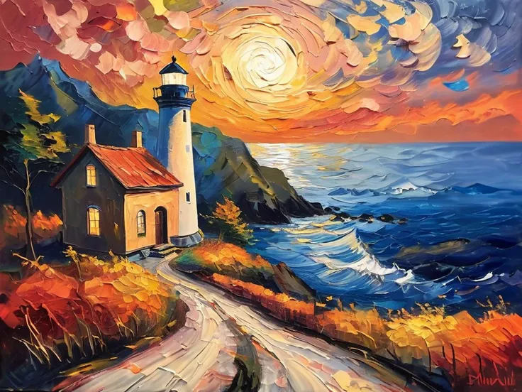 masterpiece,best quality,<lora:tbh123-sdxl:0.7>,Impressionism fine art impasto on canvas. Blissful sunset hues. (((Warm tones,Warm hues))). A cabin by the ocean. A lighthouse on the bluff. Paths leading away. airbrush painting. Atmospheric,moody,rustic.,oil painting,