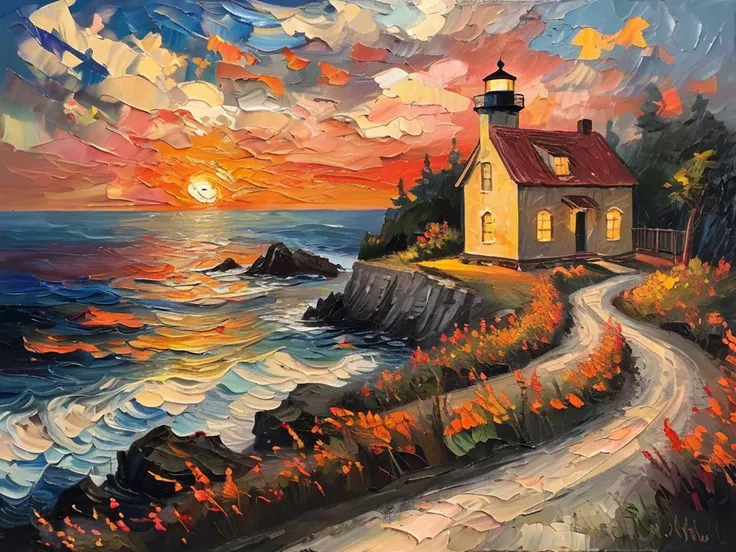 masterpiece,best quality,<lora:tbh123-sdxl:0.7>,Impressionism fine art impasto on canvas. Blissful sunset hues. (((Warm tones,Warm hues))). A cabin by the ocean. A lighthouse on the bluff. Paths leading away. airbrush painting. Atmospheric,moody,rustic.,oil painting,