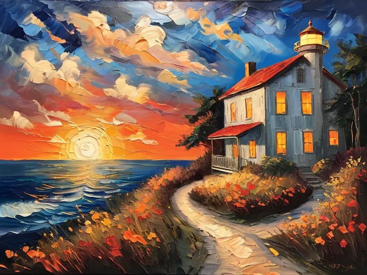 masterpiece,best quality,<lora:tbh123-sdxl:0.5>,Impressionism fine art impasto on canvas. Blissful sunset hues. (((Warm tones,Warm hues))). A cabin by the ocean. A lighthouse on the bluff. Paths leading away. airbrush painting. Atmospheric,moody,rustic.,oil painting,