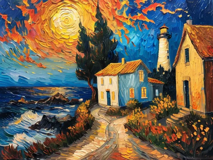 masterpiece,best quality,<lora:tbh123-sdxl:0.7>,Impressionism fine art impasto on canvas by Van Gogh. Blissful sunset hues. Warm tones,Warm hues. A cabin by the ocean. A lighthouse on the bluff. Paths leading away. airbrush painting. Atmospheric,moody,rustic.,oil painting,style of Vincent van Gogh,