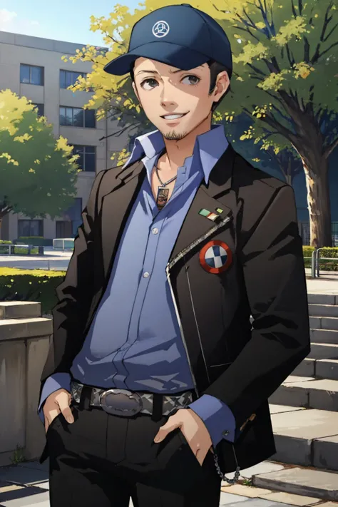(masterpiece, best quality:1.2), cowboy shot, solo, male focus, 1boy, iori junpei, smile, looking at viewer, hands in pockets, baseball cap, jacket, long sleeves, shirt, black pants, belt, necklace, outdoors <lora:persona3_junpeiiori:1.0>