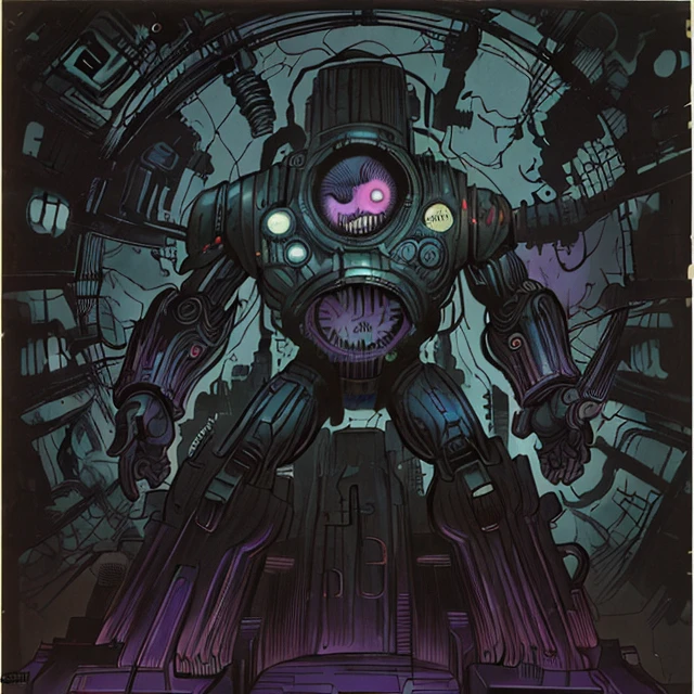 60s scifi ink comic by Jack Kirby, A complex machine, <lora:GloomyNightmareAI:1> gloomynightmareai