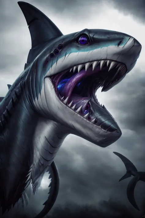 (RAW photo, best quality), (realistic, photo-realistic:1.3), masterpiece, an extremely delicate and beautiful, extremely detailed, CG, unity , 2k wallpaper, Amazing, finely detail,GloomyNightmareAI, shark,  <lora:GloomyNightmareAI:0.8>