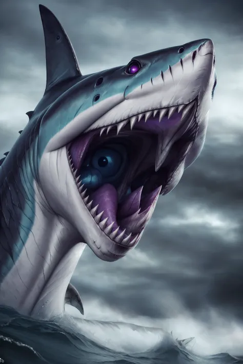 (RAW photo, best quality), (realistic, photo-realistic:1.3), masterpiece, an extremely delicate and beautiful, extremely detailed, CG, unity , 2k wallpaper, Amazing, finely detail,GloomyNightmareAI, shark,  <lora:GloomyNightmareAI:0.8>