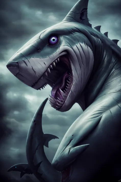 (RAW photo, best quality), (realistic, photo-realistic:1.3), masterpiece, an extremely delicate and beautiful, extremely detailed, CG, unity , 2k wallpaper, Amazing, finely detail,GloomyNightmareAI, shark, <lora:GloomyNightmareAI:0.8>