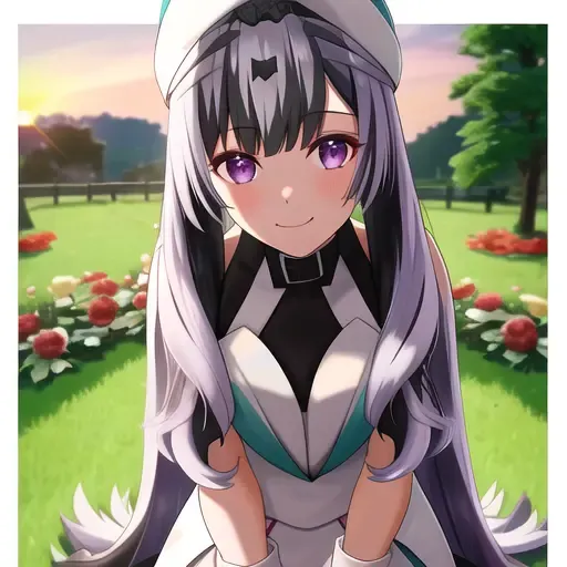 Veyle_Engage, 1girl, solo, smile, closed mouth, beanie, hairclip, kneehighs, sitting, garden, twilight, sun set