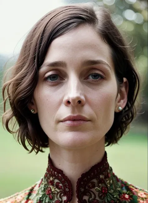 A stunning intricate color close up portrait of (sks woman:1) , wearing fancy shirt, epic character composition, sharp focus, natural lighting, subsurface scattering, f2, 35mm, film grain, , by Tim Walker, <lora:lora-small-carrie-anne-moss-v1:1>