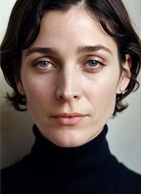 A stunning intricate color close up portrait of (sks woman:1) , wearing Skirt and a sweater, epic character composition, sharp focus, natural lighting, subsurface scattering, f2, 35mm, film grain, , by Guy Bourdin, <lora:lora-small-carrie-anne-moss-v1:1>
