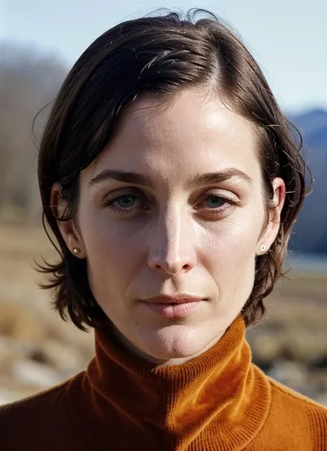 A stunning intricate color close up portrait of (sks woman:1) , wearing Turtleneck sweater and corduroy pants, epic character composition, sharp focus, natural lighting, subsurface scattering, f2, 35mm, film grain, , by Tim Walker, <lora:lora-small-carrie-anne-moss-v1:1>