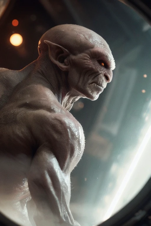 hyper realistic candid photo of (an angry strong bald wet alien beast monster), humanoid skin, ridged, molting, standing in a space station, dynamic pose, cinematic, film grain, flares, heartbreaking, dutch angle, masterpiece+, depth of field, bokeh, detailed, highly detailed, sharp focus, intricate, smooth, elegant, cinematic lighting, cinematic, masterpiece, matte, photorealistic, 4k, beautiful, volumetric lighting, dramatic, portrait++