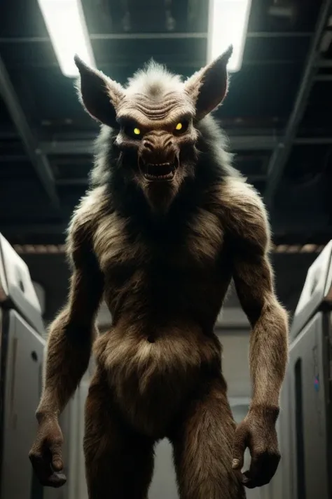 hyper realistic candid photo of a male hairy fur husk alien monster, looking at viewer, angry soldier, scifi space station, standing, dynamic pose, analog style, masterpiece, heartbroken, dutch angle, portrait+, cinematic