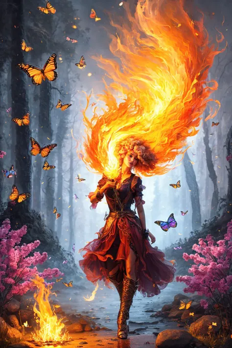 a charming 24 yo Swedish curly blonde,
shifted reality, elemental butterflies rage, broken reflections, magic fireflies tornado,
liquid fire flow, chaotic flowers, fierce fire night,
heartbreaking fantasy art, mind-blowing oil painting, unreal scenery