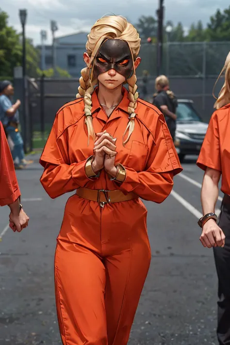 Transport Belt, handcuffs, prison clothes, orange jumpsuit, <lora:Realistic_Prison_Transport_Belt:.7>
decapre, mask, blonde hair, braid, looking at viewer, angry, frown, blush, walking, hands together, outside, prison, fence, overcast, high quality, masterpiece <lora:decapre:.7>