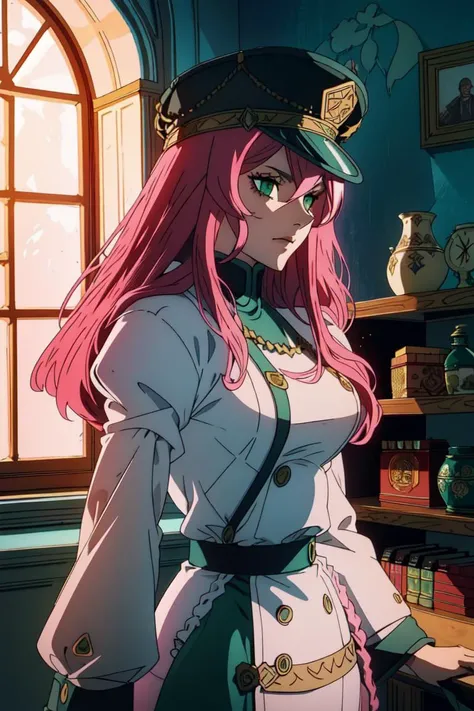 masterpiece, ((ultra detailed background, delicate pattern, intricate detail)), (highly detailed, fine details), best quality, ((medium breasts, slim girl)), Princia, 1girl, solo, long hair, military hat, cap, fur trim, military uniform, green eyes, ((pink hair)), peaked cap, (complex detailed background, complex detailed background, inside, castle room environment, medieval castle, gray walls, window, bookshelf), ((cowboy shot)), <lora:Princia:0.9>