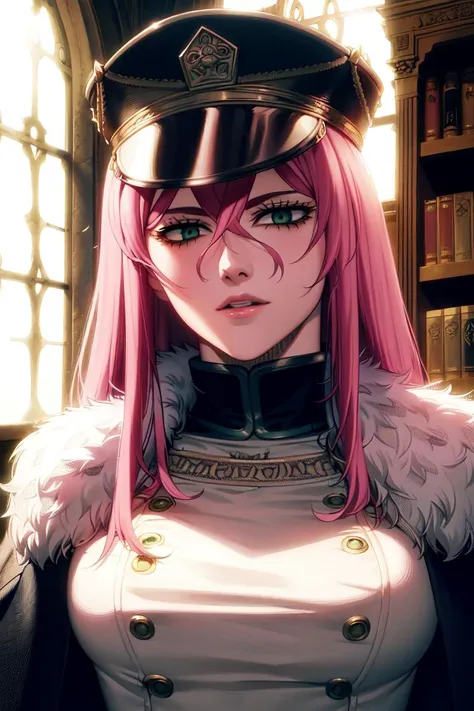 ultra realistic 8k cg, masterpiece, ((ultra detailed background, delicate pattern, intricate detail)), (highly detailed, fine details), best quality, (photorealistic:1.4),beautiful lighting, absurdres, RAW photo, film grain, ((medium breasts, slim girl)), Princia, 1girl, solo, long hair, military hat, cap, fur trim, military uniform, green eyes, ((pink hair)), peaked cap, (complex detailed background, complex detailed background, inside, castle room environment, medieval castle, gray walls, window, bookshelf), ((close-up, portrait)), <lora:Princia:0.8>