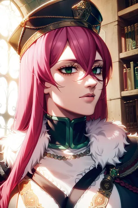 ultra realistic 8k cg, masterpiece, ((ultra detailed background, delicate pattern, intricate detail)), (highly detailed, fine details), best quality, (photorealistic:1.4),beautiful lighting, absurdres, RAW photo, film grain, ((medium breasts, slim girl)), Princia, 1girl, solo, long hair, military hat, cap, fur trim, military uniform, green eyes, ((pink hair)), peaked cap, hair between eyes, (complex detailed background, complex detailed background, inside, castle room environment, medieval castle, gray walls, window, bookshelf), ((close-up, portrait)), <lora:Princia:0.8>
