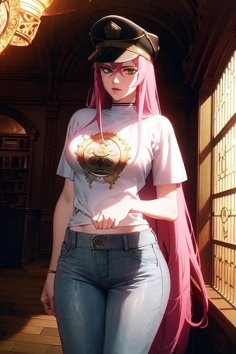ultra realistic 8k cg, masterpiece, ((ultra detailed background, delicate pattern, intricate detail)), (highly detailed, fine details), best quality, (photorealistic:1.4),beautiful lighting, absurdres, RAW photo, film grain, ((medium breasts, slim girl, cowboy shot)), Princia, 1girl, solo, long hair, (military hat, cap, white T-shirt, simple T-shirt, jeans), green eyes, ((pink hair)), peaked cap, (complex detailed background, complex detailed background, inside, castle room environment, medieval castle, gray walls, window, bookshelf), <lora:Princia:0.8>