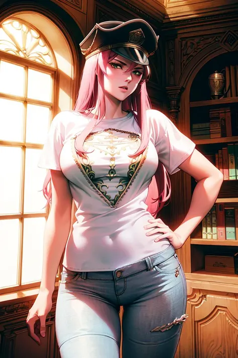 ultra realistic 8k cg, masterpiece, ((ultra detailed background, delicate pattern, intricate detail)), (highly detailed, fine details), best quality, (photorealistic:1.4),beautiful lighting, absurdres, RAW photo, film grain, ((medium breasts, slim girl, cowboy shot)), Princia, 1girl, solo, long hair, (military hat, cap, white T-shirt, simple T-shirt, jeans), green eyes, ((pink hair)), peaked cap, (complex detailed background, complex detailed background, inside, castle room environment, medieval castle, gray walls, window, bookshelf), <lora:Princia:0.8>