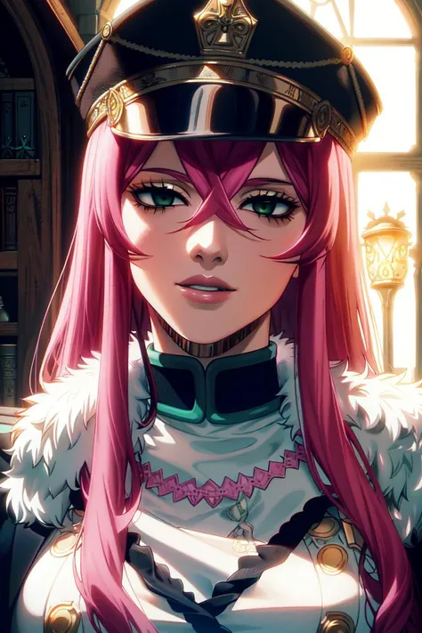 ultra realistic 8k cg, masterpiece, ((ultra detailed background, delicate pattern, intricate detail)), (highly detailed, fine details), best quality, (photorealistic:1.4),beautiful lighting, absurdres, RAW photo, film grain, ((medium breasts, slim girl)), Princia, 1girl, solo, long hair, military hat, cap, fur trim, military uniform, green eyes, ((pink hair)), peaked cap, (complex detailed background, complex detailed background, inside, castle room environment, medieval castle, gray walls, window, bookshelf), ((close-up, portrait)), <lora:Princia:0.9>