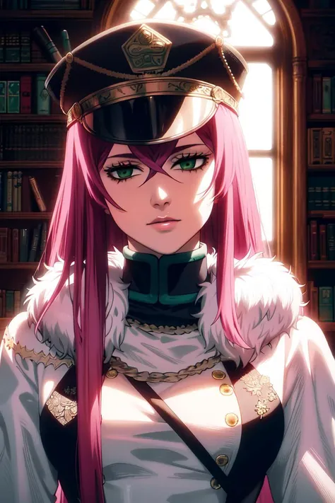 ultra realistic 8k cg, masterpiece, ((ultra detailed background, delicate pattern, intricate detail)), (highly detailed, fine details), best quality, (photorealistic:1.4),beautiful lighting, absurdres, RAW photo, film grain, ((medium breasts, slim girl)), Princia, 1girl, solo, long hair, military hat, cap, fur trim, military uniform, green eyes, ((pink hair)), peaked cap, (complex detailed background, complex detailed background, inside, castle room environment, medieval castle, gray walls, window, bookshelf), ((close-up, portrait)), <lora:Princia:0.9>