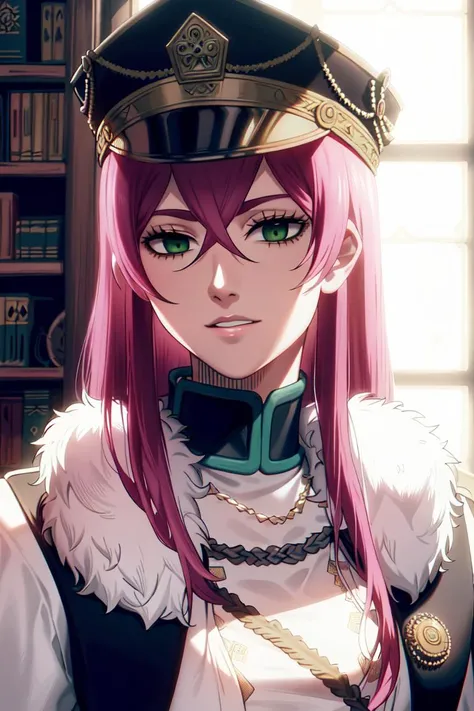 ultra realistic 8k cg, masterpiece, ((ultra detailed background, delicate pattern, intricate detail)), (highly detailed, fine details), best quality, (photorealistic:1.4),beautiful lighting, absurdres, RAW photo, film grain, ((medium breasts, slim girl)), Princia, 1girl, solo, long hair, military hat, cap, fur trim, military uniform, green eyes, ((pink hair)), peaked cap, (complex detailed background, complex detailed background, inside, castle room environment, medieval castle, gray walls, window, bookshelf), ((close-up, portrait)), <lora:Princia:0.9>