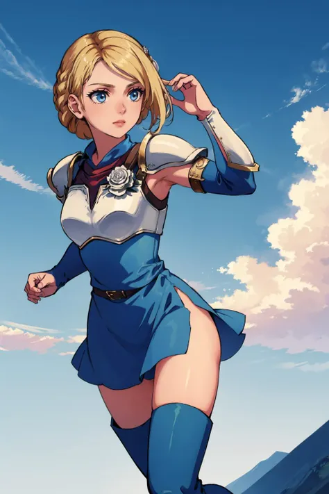 masterpiece, best quality, <lora:edgRosaCosettedElise:1> edgCosette, blonde hair, braid, blue sky, clouds, running, flying <lora:pkuniform-nvwls-v1:0.8> pkuniform, armor, blue dress, thigh boots