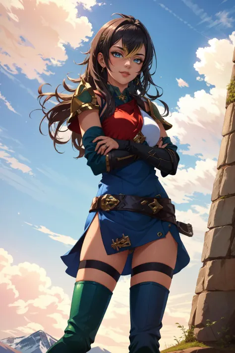 (masterpiece, best quality),  intricate details,
1girl,     <lora:dehya-10:0.8> dehya,  black hair, blonde hair, blue eyes,
smug, , sweating, boob sweat, 
 <lora:pkuniform-nvwls-v1:0.8> pkuniform, armor, green dress, thigh boots, pkuniform, armor, blue dress, thigh boots
sky, clouds, sunny, outdoors,