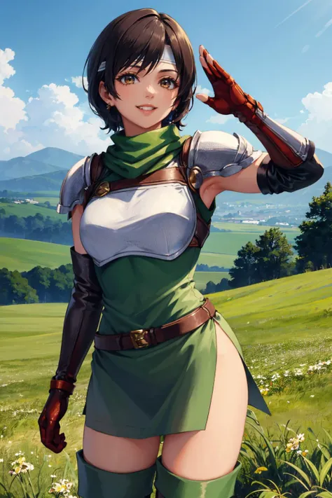 masterpiece, best quality, <lora:pkuniform-nvwls-v1-000010:1> pkuniform, green dress, thigh boots <lora:yuffie-nvwls-v1-final:0.7> yuffie kisaragi, headband, grin, smile, contrapposto, salute, white gloves, field, cliffs, sky