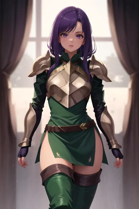 best quality, 1girl, <lora:pkuniform-nvwls-v1:1>, pkuniform, armor, green dress, thigh boots, purple eyes, green hair