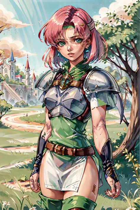 1girl,heikevahs,short hair,(green headband:1.1),pkuniform,armor,green dress,((short sleeves)),thigh boots,scars,burns,standing,facing viewer,stern face,outdoors,(in lush field:1.3), <lora:Heike-12:0.8>, <lora:pkuniform-nvwls-v1:1>, <lora:LORA-XenoDetailer-v2:0.1>