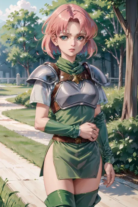 1girl,heikevahs,short hair,(green headband:1.1),pkuniform,armor,green dress,((short sleeves)),thigh boots,scars,burns,standing,facing viewer,stern face,outdoors,(in lush field:1.3), <lora:Heike-12:0.8>, <lora:pkuniform-nvwls-v1:1>, <lora:LORA-XenoDetailer-v2:0.1>