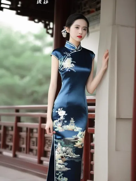 (A beautiful girl of Arab descent sitting on a rock in front of a waterfall, Chinese style, Young Chinese girl, Elegant short cheongsam, in a blue qipao, TRADITIONAL CHINESE COSTUMES, Chinese woman, Wearing a blue cheongsam, 8K), Ethereal beauty, Charming Chinese model, Traditional beauty, Lovely lady, 🌺 Chinese society, floating dress, Pair with ancient Chinese clothing，Woman slender smooth long legs，Perfect body proportion，Beautiful and elegant face， 详细的脸， A detailed eye，photo-realistic hair，long whitr hair， cinematic compositions，Mature and plump body，Tight gauze garment，Delicate legs