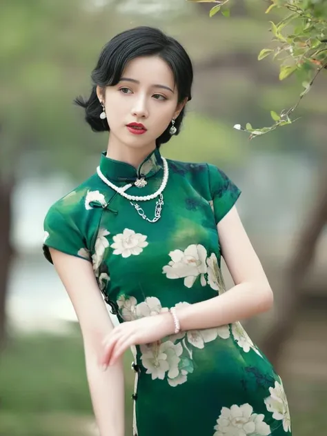 (green printed china dress),1 girl, (arms behind back:1.1),(realistic:1.7),((best quality)),absurdres,(ultra high res),(photorealistic:1.6),photorealistic,octane render,(hyperrealistic:1.2), (photorealistic face:1.2), (8k), (4k), (Masterpiece),(realistic skin texture), (illustration, cinematic lighting,wallpaper),( beautiful eyes:1.2),((((perfect face)))),(cute),(standing),(black hair),black eyes,red lips, (outdoors),