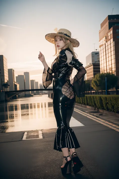 solo,1Girl,full body,ruanyi0528,belt,cross-laced clothes,sun hat,see-through,black headwear,from behind,fishnets,lace,see-through sleeves,long dress,blonde hair,very long hair,platform heels,cowboy shot,wide sleeves,Hip opening,,outdoors,cityscape,hand on own chest,black hat,<lora:0528 cross-laced dress_v3:1>, best quality,masterpiece,highres,official art,extremely detailed cg unity 8k wallpaper