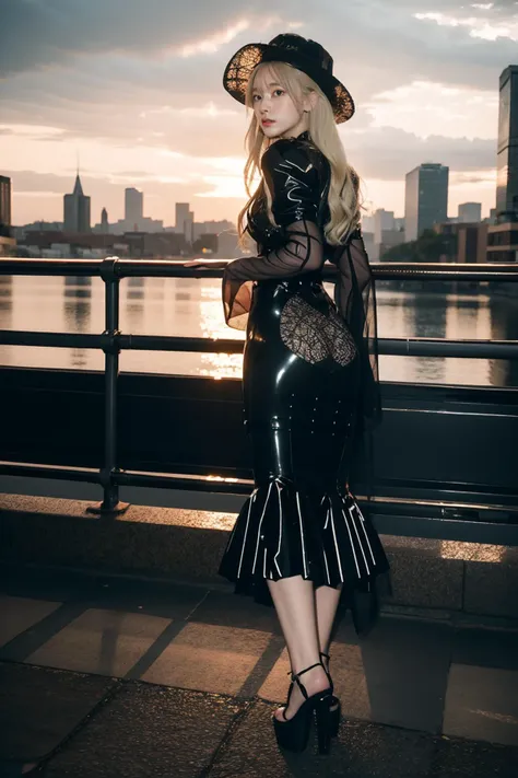 solo,1Girl,full body,ruanyi0528,belt,cross-laced clothes,see-through,black headwear,from behind,fishnets,lace,see-through sleeves,long dress,blonde hair,very long hair,platform heels,cowboy shot,wide sleeves,Hip opening,,outdoors,cityscape,hand on own chest,<lora:0528 cross-laced dress_v3:1>, best quality,masterpiece,highres,official art,extremely detailed cg unity 8k wallpaper