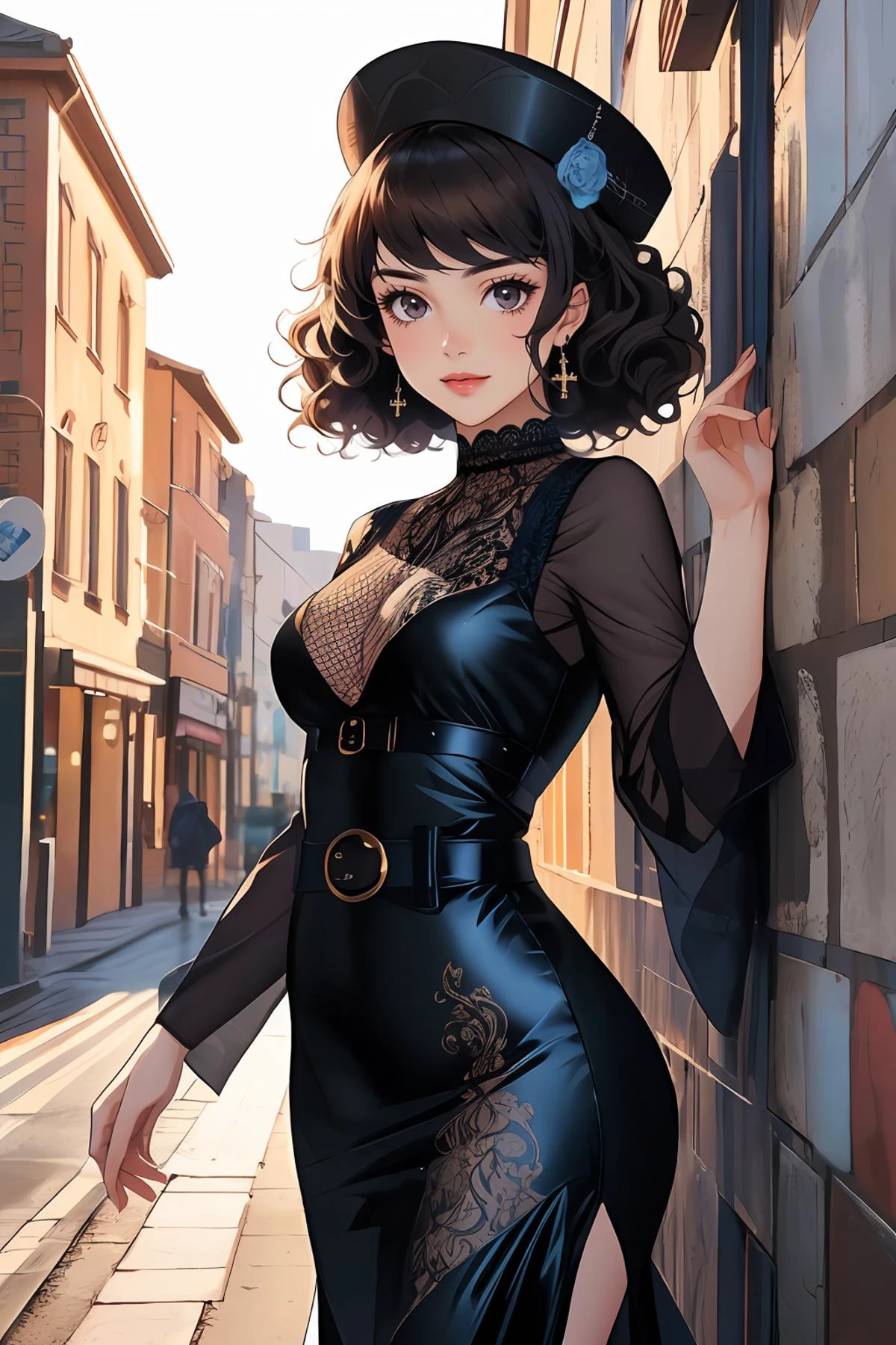 (an illustration of a teenage girl posing,dramatic_scene,(an illustration of girl, girl)),Sarcastic Smile,magazine_illustration,[Leaning against a brick wall adorned with vibrant street art, she embodies urban sophistication],anime,detailed_face,detailed image,8k high quality detailed,
(,skp5,1girl,bangs,short curly hair,medium breasts),realistic clothing texture,(, ruanyi0528,belt,cross-laced clothes,see-through,black headwear,fishnets,lace,see-through sleeves,long dress,wide sleeves,Hip opening),<lora:skp5-guy-v2:0.7>,<lora:0528 cross-laced dress_v3:0.6>