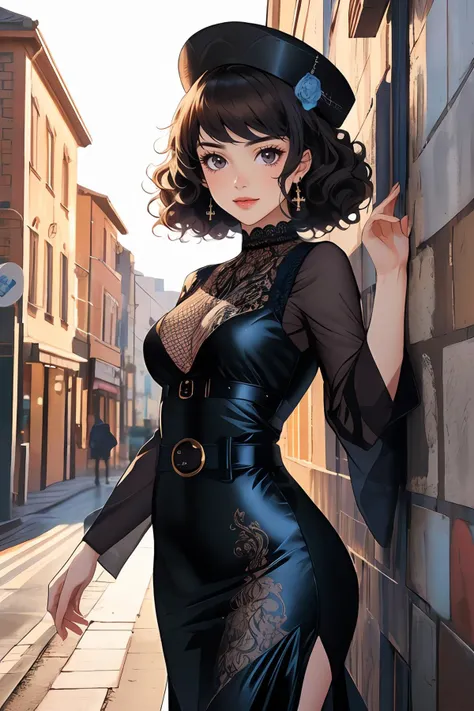 (an illustration of a teenage girl posing,dramatic_scene,(an illustration of girl, girl)),Sarcastic Smile,magazine_illustration,[Leaning against a brick wall adorned with vibrant street art, she embodies urban sophistication],anime,detailed_face,detailed image,8k high quality detailed,
(,skp5,1girl,bangs,short curly hair,medium breasts),realistic clothing texture,(, ruanyi0528,belt,cross-laced clothes,see-through,black headwear,fishnets,lace,see-through sleeves,long dress,wide sleeves,Hip opening),<lora:skp5-guy-v2:0.7>,<lora:0528 cross-laced dress_v3:0.6>