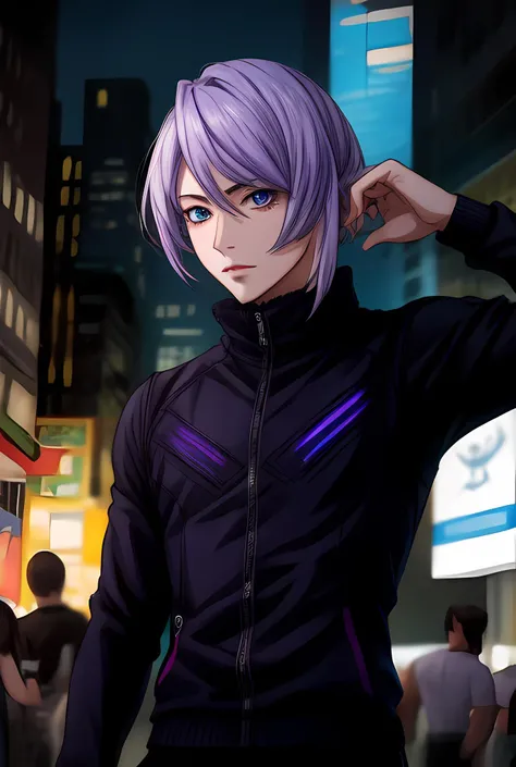 masterpiece, best quality, highres, high quality, 1boy, solo, male focus, upper body,  hair, realistic,  purple hair, cyberpunk, free pose <lora:Kirill_Vrubel-09:0.67>