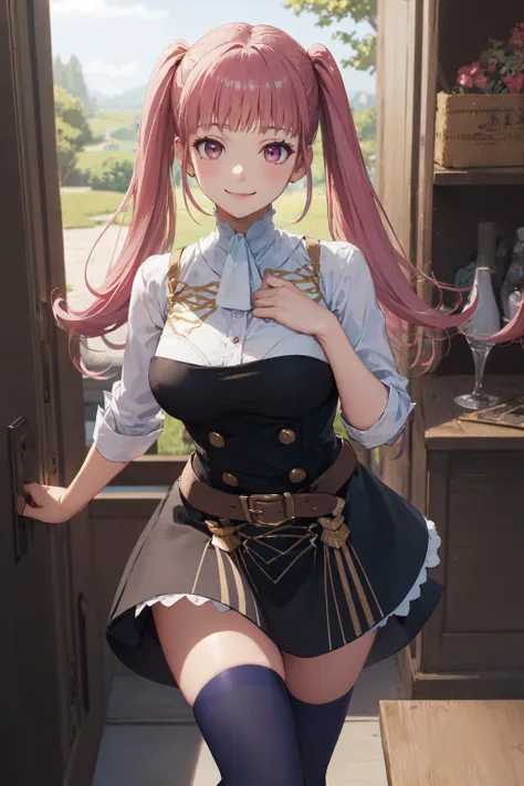 (masterpiece, best quality:1.2), <lora:fireemblem_hilda-10:1>, cowboy shot, solo, 1girl, hilda valentine goneril, smile, looking at viewer, hand on own chest, twintails, hildauniform, blue thighhighs