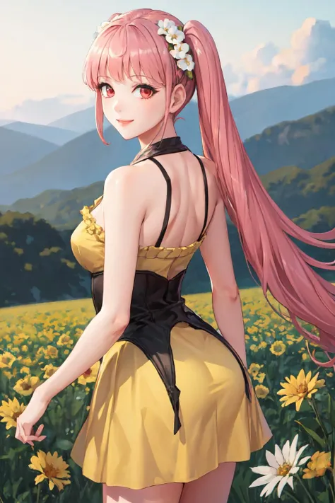 (masterpiece, best quality:1.2), solo, 1girl, hildarnd, smile, looking back, twintails, (yellow sundress:1.1), flower field <lora:fireemblem_goneril_v2:0.8>