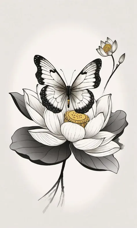 butterfly,lotus,chinese meticulous ink,illustration,white background ,centered,completed<lora:newchinese-1122-1:1>