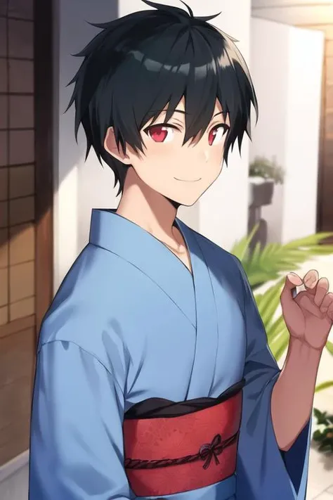masterpiece, best quality, high quality, 1boy, solo, male focus, looking at viewer, upper body, <lora:sadao_maou:0.62>, sadao_maou, black hair, red eyes, , yukata, smile