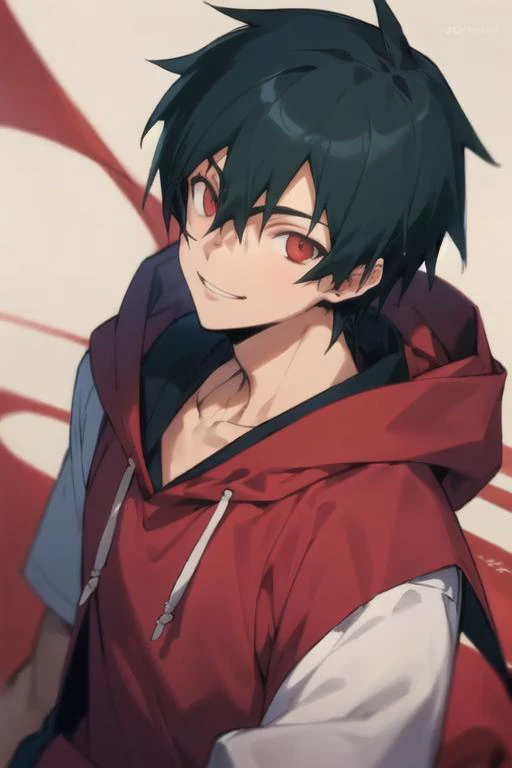 masterpiece, best quality, high quality, 1boy, solo, male focus, looking at viewer, upper body, <lora:sadao_maou:0.82>, sadao_maou, black hair, red eyes, , hoodie, smile