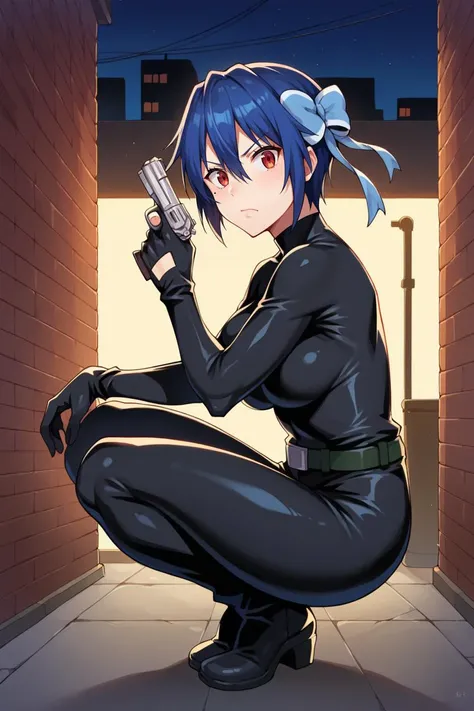 score_9, score_8_up, score_7_up, score_6_up, source_anime, 1girl, solo BREAK <lora:tsugumi-pdxl-nvwls-v1-000006:1> tsugumi seishirou, mole under eye, blue hair, short hair, hair bow, black bodysuit, medium breasts, latex bodysuit, belt, black pants, skintight, black gloves, night, crouching, from side, serious, holding pistol, alleyway, looking at you
