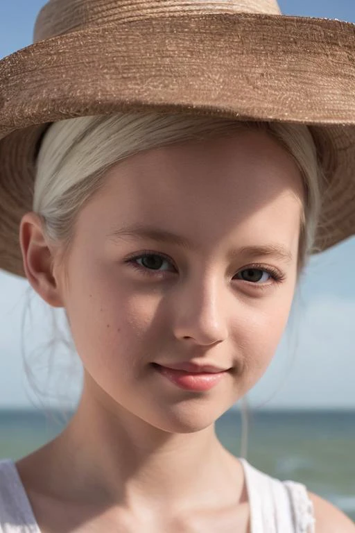 masterpiece,best quality,8k,realistic,solo,portrait,At the seaside,Happy,white hair,****ung girl,wear a hat,