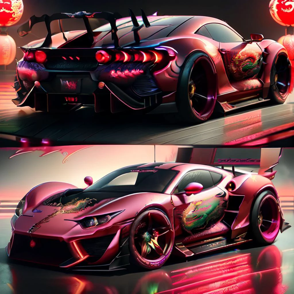 LunarValentineStyle,photo of a sports car, no human, car focus, dragons on car, reflective floor, eastern dragon, monster energy,outdoors,night,scenery,bridge,east asian architecture,vehicle focus,sports car, <lora:LunarValentineDragonStyle:1>,masterpiece,epic,neon lights,detailed,western dragon illustration on car,dragon logo on car